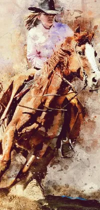 This live wallpaper depicts a digital painting of a woman riding a brown horse, inspired by Western cowboy culture