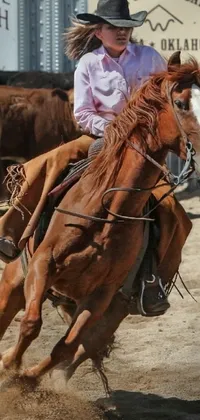 Ride into the sunset with a beautiful phone live wallpaper featuring a western cowgirl on a brown horse