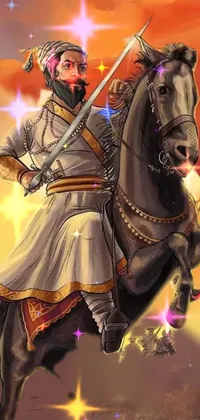 This phone live wallpaper features a breathtaking painting of a man on a horse, set against an invading army