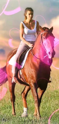 "Enjoy a magnificent live wallpaper featuring a beautiful lady on a brown horse, inspired by famous animal painting art