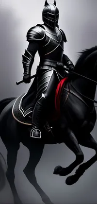 This phone live wallpaper features a striking digital painting of a man riding on a black horse, wearing sleek white and shadow armor with silver highlights
