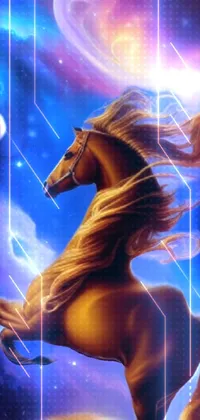 Get mesmerized with this stunning phone live wallpaper featuring a majestic horse standing on its hind legs, surrounded by the vastness of space