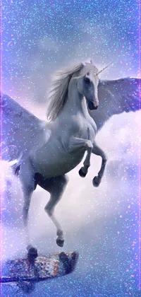 Decorate your screen with the magical realism of this phone live wallpaper! Unleash your imagination as you spot the majestic white horse on the cliff and the graceful unicorn flying in the sky