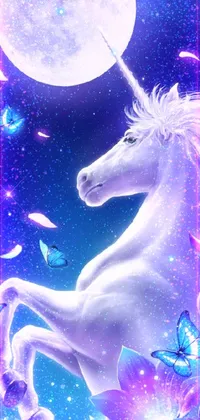 This phone live wallpaper depicts a unicorn standing on two legs in front of a full moon, created in the style of Lisa Frank with elements of magical realism