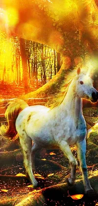 This live wallpaper for phones features a fantasy art scene of a white horse and deer standing in a forest surrounded by dappled golden sunlight
