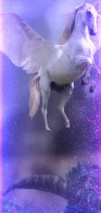 Looking for a magical wallpaper for your phone? Check out this stunning photorealistic image of a white unicorn riding on the back of a dinosaur, leaping through a field of flowers