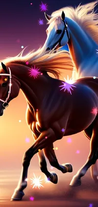This live wallpaper features a stunning digital painting of two horses in action, galloping alongside each other