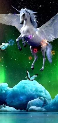 This phone live wallpaper showcases a mesmerizing image of a white unicorn soaring above a serene water body with the aurora creating a stunning background