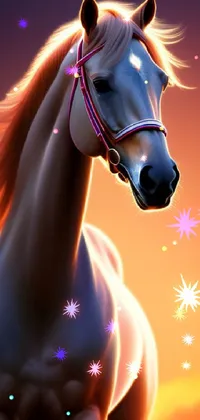 This stunning live wallpaper depicts a close up of an Arabian horse against a gorgeous sunset background