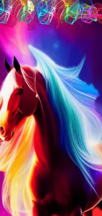 This stunning phone live wallpaper showcases a digital painting of a horse with a rainbow mane, surrounded by a beautiful galaxy backdrop