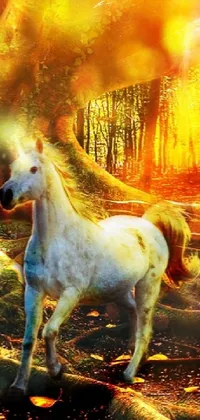 Indulge in the awe-inspiring beauty of this white horse live wallpaper! The horse stands majestically amidst a lush green forest, captivating your senses with its picturesque charm