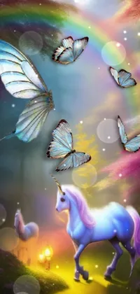 This stunning phone live wallpaper features a majestic unicorn and a fluttering butterfly in a lush forest