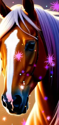 This phone live wallpaper features a strikingly beautiful, hyper-detailed digital illustration of a powerful horse with a pink mane