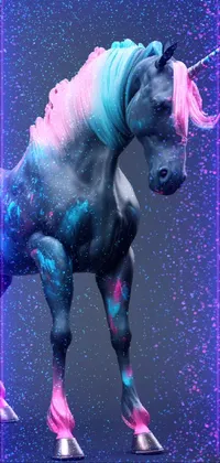 This phone live wallpaper features a hyperrealistic 3D rendered blue and pink unicorn standing on a gray background