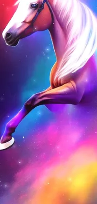 This phone live wallpaper features a breathtaking image of a horse gliding through a vibrant space-like scene with intricate, colorful geometric shapes and patterns