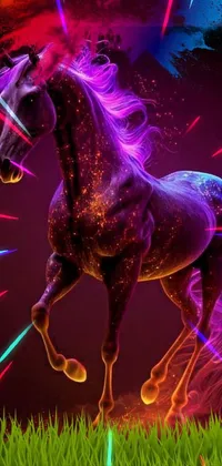 This incredible live wallpaper features a breathtaking scene of a majestic horse up on its hindlegs, surrounded by vibrant flames against a stunning purple background