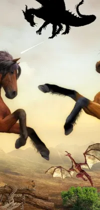 This live wallpaper features a pair of horses standing in dirt surrounded by fantasy elements