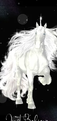 This phone live wallpaper features a stunning white horse in front of a sleek black background