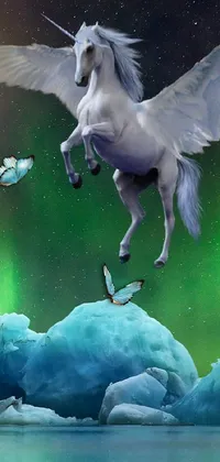 Experience the enchanting world of a majestic white unicorn flying over a tranquil body of water in this breathtaking live wallpaper