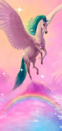 This live wallpaper features an airbrush painting of a majestic unicorn flying over tranquil water