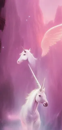 This high-resolution phone live wallpaper showcases two magnificent white horses standing together against a pink-colored heavenly background