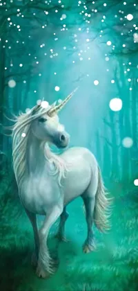 This live wallpaper features a vibrant rendition of a majestic unicorn set in a mystical forest