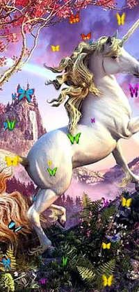 This phone live wallpaper features a breathtaking scene of a majestic unicorn standing on a lush green hillside