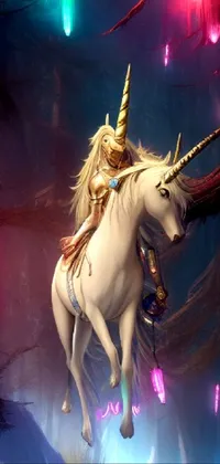 This live wallpaper features a stunning scene of a woman riding a white unicorn