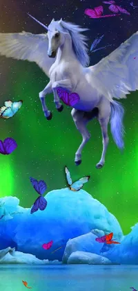 This stunning phone live wallpaper features a white horse perched atop an iceberg, against a mesmerizing northern lights background
