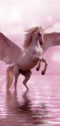 This phone live wallpaper showcases a stunning unicorn standing on its hind legs in the water