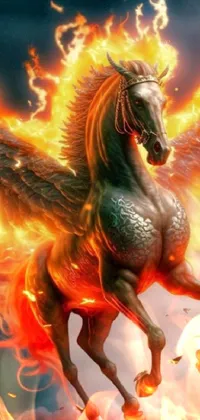 This vivid phone live wallpaper depicts a breathtaking image by a talented fantasy artist, featuring a magnificent horse flying through the sky