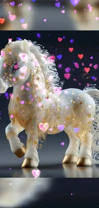 This phone live wallpaper features a close-up of a majestic horse with sparkling crystals and hearts in the background