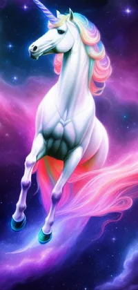 Dive into a magical world with this enchanting live wallpaper featuring a beautiful unicorn that is flying through the sky with its wings spread wide
