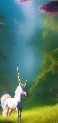 This phone live wallpaper features a stunning white unicorn standing in a lush green field
