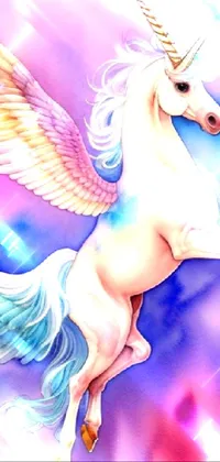 Make your phone screen come alive with this enchanting live wallpaper featuring a beautiful airbrushed painting of a white winged unicorn on a mesmerizing rainbow background