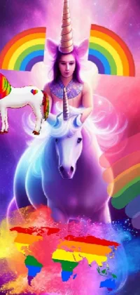 This Live Wallpaper brings a cheerful and enchanting scene to your phone featuring a magical unicorn with a woman rider