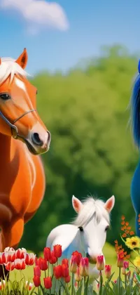 This phone live wallpaper depicts two horses standing in a grassy field, with warm orange and blue hues dominating the piece
