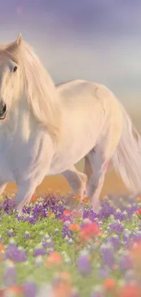 This live phone wallpaper showcases a stunning white horse standing amidst a beautiful field of flowers