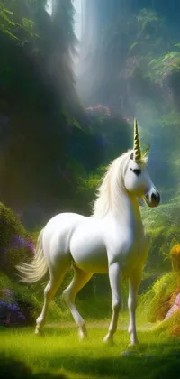 This stunning phone live wallpaper features a serene white unicorn standing proudly on a lush green field, creating a beautiful fantasy scene