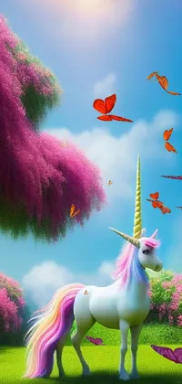 Get a stunning phone live wallpaper featuring a lush green field with a gorgeous unicorn standing on it
