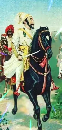 This live phone wallpaper showcases a painting of a man riding on a black horse, inspired by historical depictions of imperial officers donning all-white attire