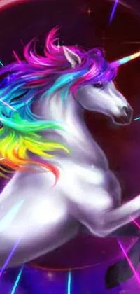 This stunning live wallpaper for your phone features an enchanting unicorn with a radiant rainbow mane