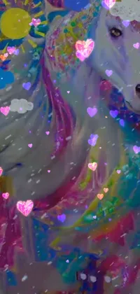 This live wallpaper showcases a delightful painting featuring a majestic unicorn covered in cute hearts that create a magical and dreamy vibe