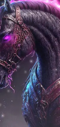 This live wallpaper showcases a digital art masterpiece of a glowing-maned horse in gothic armor