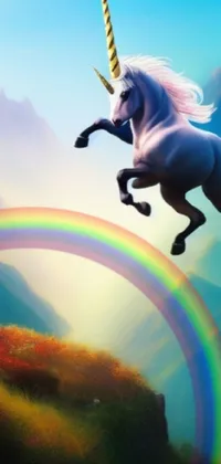 This live phone wallpaper showcases a mystical unicorn riding on a white horse through a breathtaking mountain landscape