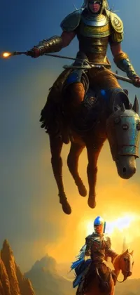This live wallpaper depicts a powerful brown horse carrying a courageous knight on its back, charging towards battle with his sword drawn