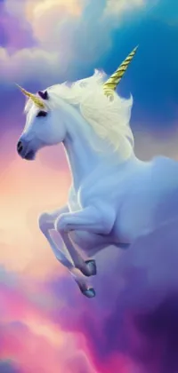 This live wallpaper features a white unicorn flying through a dreamlike sky