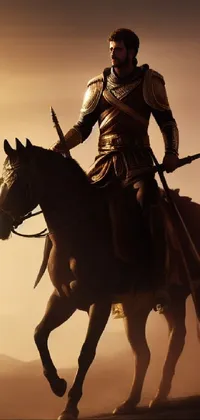 This stunning live wallpaper showcases a man on a brown horse in a fantasy setting