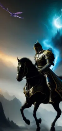 This phone live wallpaper displays an epic scene of a horse-riding warrior in shining armor, set in a fantasy realm