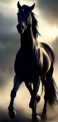 This live wallpaper features a striking digital art of a powerful horse running in dusty terrain